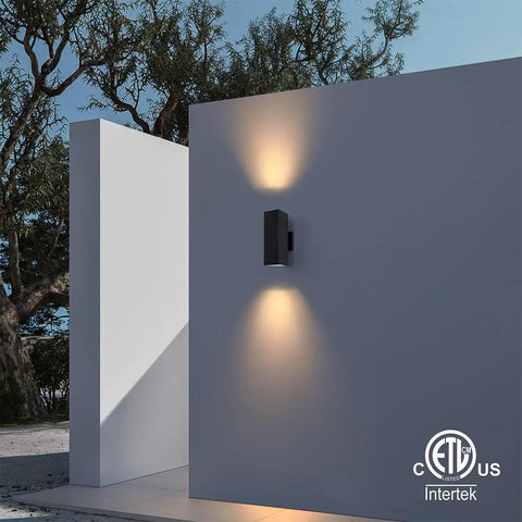 Modern Two Pack Matte Black Outdoor Wall Sconces with Aluminum Rectangular Tube on exterior wall, IP65 Weatherproof ETL Listed