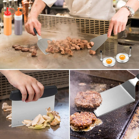 All In One Griddle Accessories Kit For Flat Top Grills 25 Piece Set used cooking on flat top, includes spatulas, burger turner, scraper
