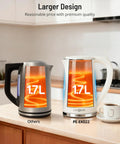 1.7L large kettle with temperature control and LED screen, wide body design, shown next to a coffee cup on a kitchen counter.