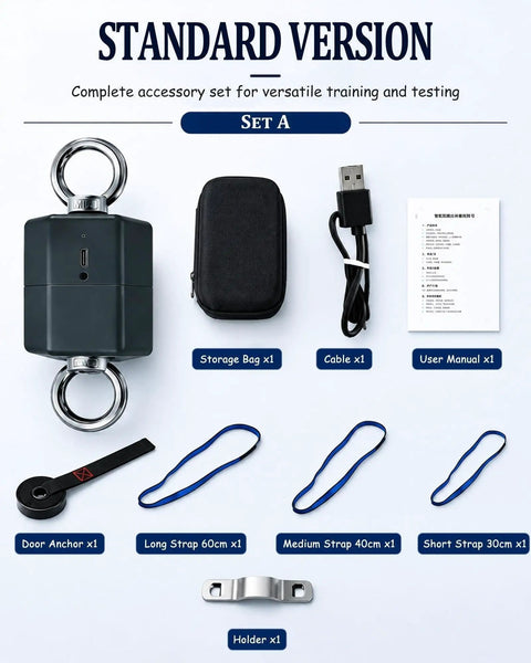 Badass Heavy Duty Grip Strength Tester And Isometric Force Meter With App Tracking Set A accessory kit including door anchor, straps, and storage bag.