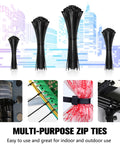 Self Locking Nylon Cable Ties 1000 Pack With Assorted 4 Inch 6 Inch 8 Inch 10 Inch 12 Inch Sizes For Multi Purpose Wire Management At Home Garden Trellis Office Garage Black Durable, showing assorted cable tie sizes and usage examples.