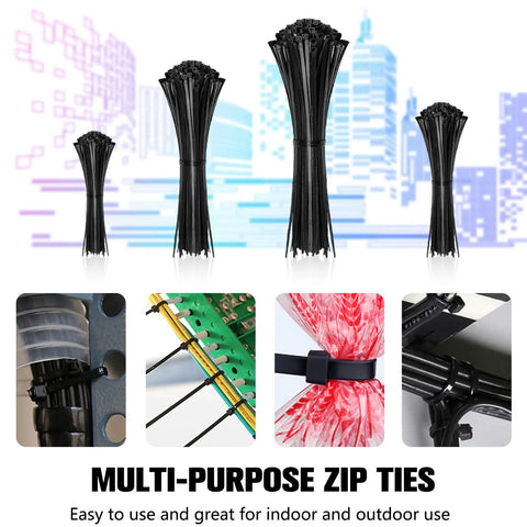Self Locking Nylon Cable Ties 1000 Pack With Assorted 4 Inch 6 Inch 8 Inch 10 Inch 12 Inch Sizes For Multi Purpose Wire Management At Home Garden Trellis Office Garage Black Durable, showing assorted cable tie sizes and usage examples.