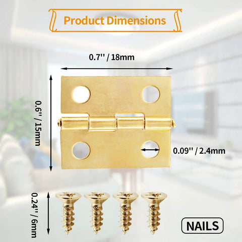Nifty Mini Brass Hinges 18 X 15 Mm Bulk Pack Of 30 Rock Solid Vintage Hardware showing dimensions and included nails.