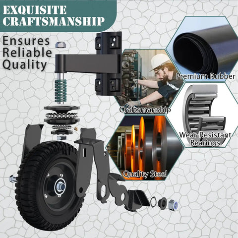 Heavy Duty Eight Inch Gate Wheel With Brake Featuring Spring Shock Absorption To Roll Smooth Over Rough Terrain Without Dragging On Wooden Or Metal Tube Fences All Year Round components showcasing premium rubber and quality steel.