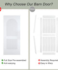 Comparison image highlighting Silky Smooth Two Panel Sliding Barn Door With Reeded Arched White Primed Finish for easy installation.