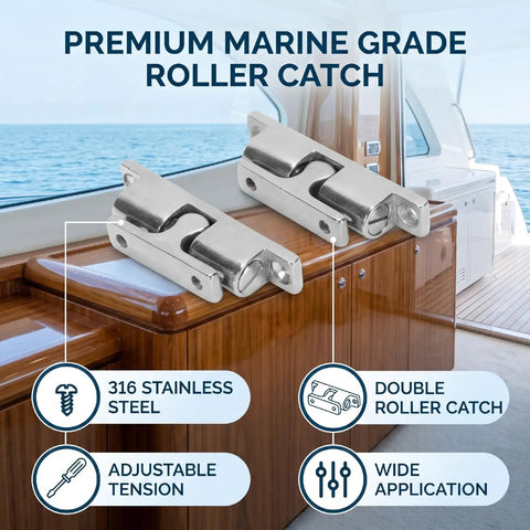 Adjustable Tension Double Roller Ball Catch Latch Lock Crafted From Rock Solid 316 Stainless Steel Built Like A Tank For Heavy Duty Marine Boat RV Yacht Security That Will Never Rust Or Fail on wood cabinetry.