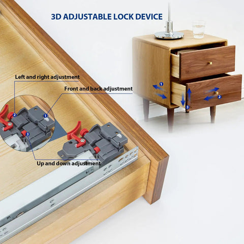 3D adjustable lock device on a smooth as butter undermount drawer slide, showcasing size and adjustment features.