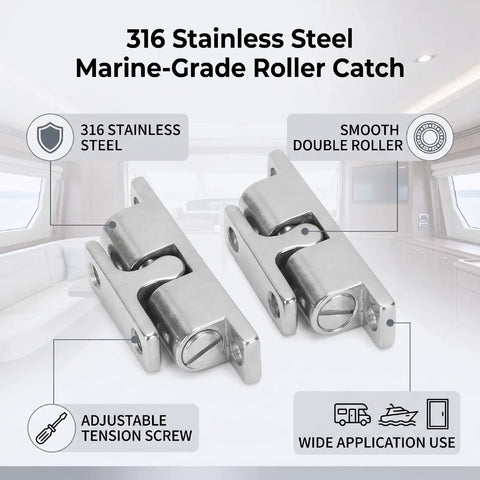 Knockout 70Mm Double Roller Cabinet Catch Forged From Marine Grade 316 Stainless Steel With Adjustable Tension Lock No Sweat Install Rust Free Operation For Boats Rv And Trailer Campouts, showing roller catch mechanism.