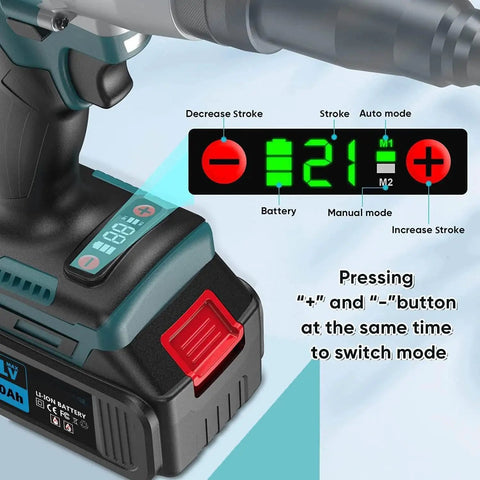 Hella Powerful 26V Cordless Rivet Gun With Automatic Riveting For M3 To M12 Stainless Steel And Aluminum Rivet Nut Tool display panel showing battery and mode settings.