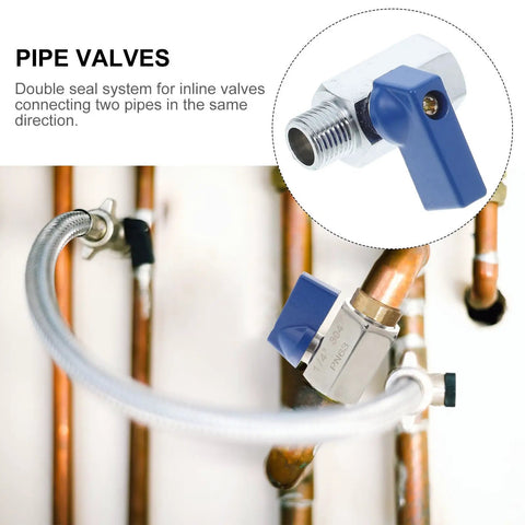 One Quarter Inch NPT Solid Brass Mini Ball Valve Female Male Adapter With Easy Grip Lever Handle Built Tough Quick Shut Off Control For Piping And Home Garden Projects installed on copper pipes with blue lever handle.