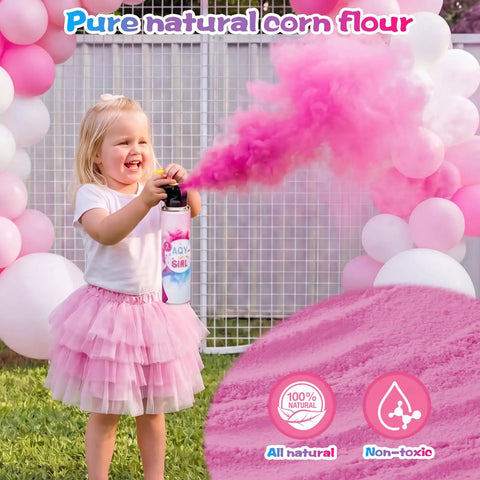 Next Level Gender Reveal Fire Extinguisher Smoker Bomb Two Pack Biodegradable Baby Shower Party Decorations Pink Blue Hype Smoke Cloud Shindig Setup Game Changer Essential, child using pink smoke cannon in outdoor setting