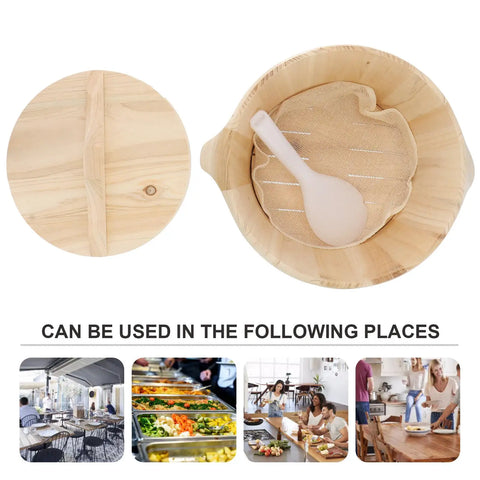 Premium Wooden Steaming Rice Basket Cooks Up Fluffy Fragrant Rice Fast with lid and spoon for easy steaming.