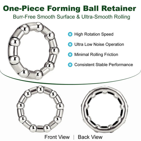 Premium Stainless Steel Bicycle Crank Ball Bearings And Retainer Set 5/16 Inch 9 Balls 4 Pack detailed front and back view of one-piece ball retainer.