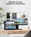 Remote monitoring setup displaying 5MP PoE Security Cam Kit for indoor and outdoor use with person vehicle pet detection and IR night vision.