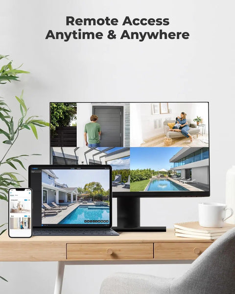 Remote monitoring setup displaying 5MP PoE Security Cam Kit for indoor and outdoor use with person vehicle pet detection and IR night vision.