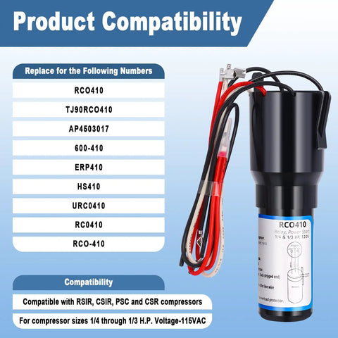 RCO410 3 In 1 Hard Start Capacitor Kit For Compressor Quick Chill Refresh For Refrigerators And Freezers Quarter To Third Horsepower Integrated Relay And Thermal Overload Protector Breeze Job Installation showing product compatibility details.