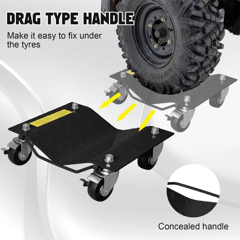 Set Of 4 Beast Mode Wheel Dollies Delivering 6000 Lbs Rock Solid Weight Capacity And Rust Resistant Finish To Roll Your Car Truck SUV Or Trailer Around The Shop Like Absolute Butter with drag type handle and swivel casters.