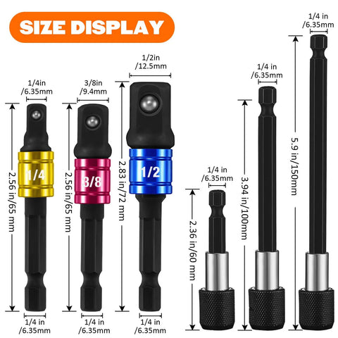 Size display of hex socket adapters and extension bars from the Flexible Drill Bit Extension Set With Bendable Shaft 105 Degree Angle