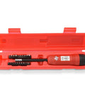 Red case with torque screwdriver set, long shank, 1/4 inch drive, 20 hex bits, adjustable 10-50 inch pounds for HVAC and gunsmithing.