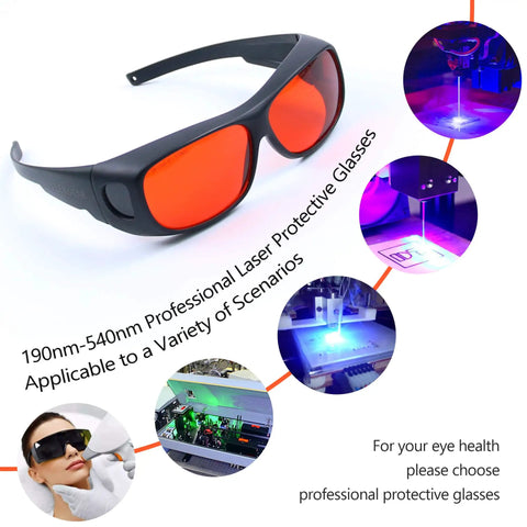 Heavy Duty Laser Safety Goggles Designed For Blue And Green Lasers Spanning 190 To 540 Nm Spectrum showing red tinted lenses and flexible frame.