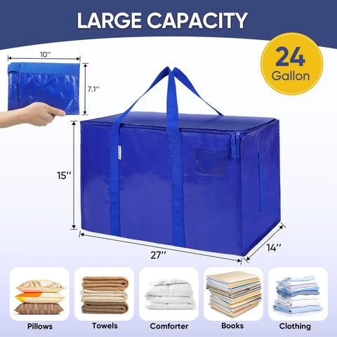 Ultra Large Moving Bags With Heavy Duty Zippers And Sturdy Carry Handles Waterproof Storage Bags For Moving Closet Organization And Camping 16 Pack Blue, measuring 27x14x15 inches, 24 gallon capacity, displaying size dimensions and usage examples.