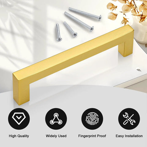 Thirty Pack Square Gold Cabinet Pulls With A Killer Brushed Brass Finish Modern Drawer Handles on a countertop with screws.