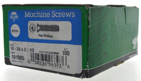 Zinc Plated Flat Head Phillips Machine Screws Number Ten By Twenty Four Two Inch Half Length Heavy Duty Fasteners packaging.