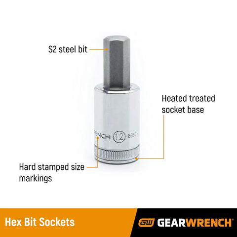 Close-up of a socket from the 12 Piece Three Eighths Inch Drive SAE Hex Bit Socket Set With Heat Treated Bases Clear Size Markings And Durable Construction