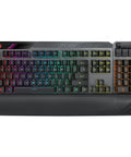 Modular Wireless Gaming Mechanical Keyboard With Snappy Tactile Switches Detachable Numpad And Plush Support Wrist Rest Plug And Play TKL Or Full Setup Smooth Aura Sync Rgb And Fast Charge top view with RGB lighting and wrist rest