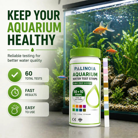 Top Tier Aquarium Water Test Strips 8 In 1 Fish Tank Chemistry Tester For Freshwater And Saltwater 60 Pack with colorful test readings.