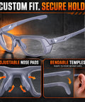 Smooth Transition Z87 Safety Glasses With Hella Clear Photochromic Lenses Anti Fog UV400 Blue Light Blocking For Driving And Work Top Shelf Eye Protection In Slick Gray showcasing adjustable nose pads and bendable temples.