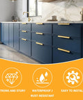 Heavy Duty 10 Pack Edge Finger Pulls For Cabinets Sleek Concealed Drawer Hardware Featuring 150 Millimeter Length And Straight Up Premium Gold Finish on modern blue kitchen cabinets.