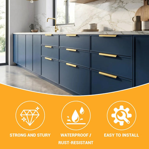 Heavy Duty 10 Pack Edge Finger Pulls For Cabinets Sleek Concealed Drawer Hardware Featuring 150 Millimeter Length And Straight Up Premium Gold Finish on modern blue kitchen cabinets.