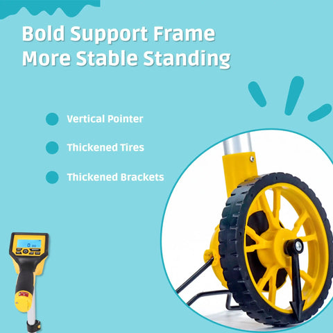 Portable Digital Measuring Wheel With Large Backlit Screen And Smart Memory Storage Delivers Knockout Accuracy in Feet Inches or Metric, featuring thick tires and sturdy frame.
