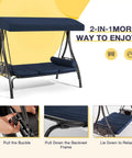 Blue three seat outdoor porch swing with upgraded one and a half inch cup holder comfy adjustable canopy and backrest cushions.