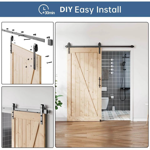 EaseLife 6.7 Foot Sliding Barn Door Hardware Track Kit And Handle In Black with wall mount installed, shown on wooden door