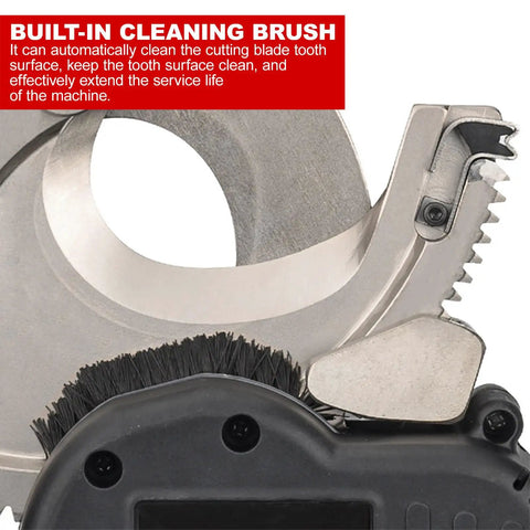 Close-up of built-in cleaning brush and blade on cordless cable cutter for aluminum and copper cables, hydraulic ratchet tool.