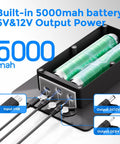 Top Shelf Solar Panel For Trail Cameras With 5000Mah Built In Battery And Dual Power Outputs Rock Solid Waterproof Charging Kit showing 5000mAh battery and output ports.