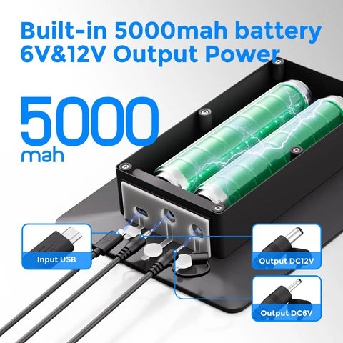 Top Shelf Solar Panel For Trail Cameras With 5000Mah Built In Battery And Dual Power Outputs Rock Solid Waterproof Charging Kit showing 5000mAh battery and output ports.