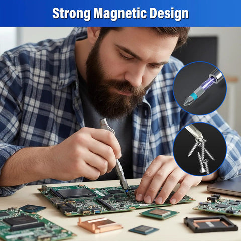 Man using Precision Magnetic Screwdriver Set With S2 Steel Bits And Aluminum Handle on electronic circuit board.