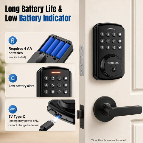 Programmable Electronic Keypad Deadbolt Keyless Entry Door Lock For Bedroom Closet Apartment Hardware Matte Black Finish showing keypad and battery compartment.