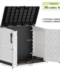 Spacious 36 Cu Ft Plastic Outdoor Storage Shed With Wood Grain Finish showing open doors and internal dimensions.