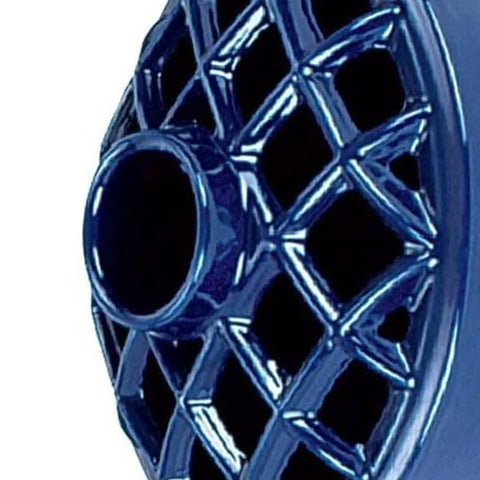 Heckin Cozy 2.2 Quart Enamel Woodstove Steamer decorative lattice top detail, blue cast iron humidifier for fireplace.