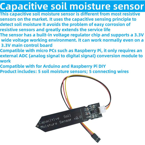 Capacitive soil moisture sensor module for Arduino and Raspberry Pi, with connecting wires and 3.3V output interface.