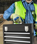 Worker holding Three Drawer Portable Tool Box With Locking System, Steel Construction, Smooth Glide Drawers, Black in warehouse.