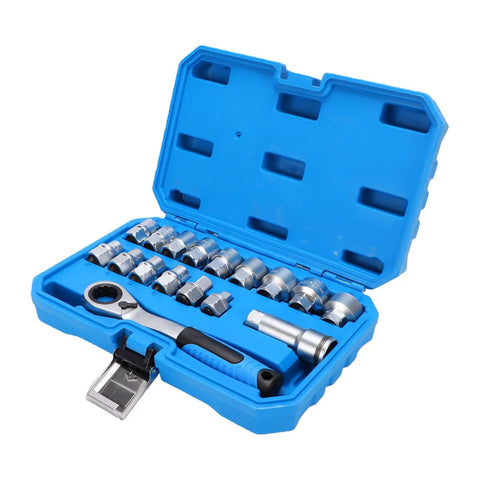 17 Piece Pass Through Socket Set With 72 Tooth Ratchet Wrench Crafted From Tough Chrome Vanadium Steel To Quickly Clear Threaded Rods And Long Bolts Without Breaking A Sweat in blue case