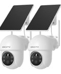 Solar Wireless Outdoor Security Cameras Two Pack With 4MP Ultra HD 360 Degree View Battery Powered Outdoor Camera Night Vision With Spotlight Two Way Audio PIR Motion Sensor Dual Band WiFi 2.4G And 5G, front view.