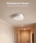 Solid 10Year Sealed Lithium Battery Smoke Detector With Photoelectric Sensor UL217 Certified, mounted on ceiling in hallway.