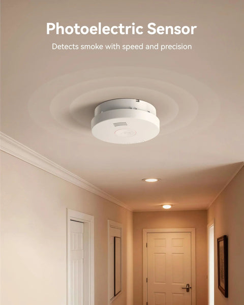 Rugged 4 Pack Photoelectric Smoke Detectors With 10 Year Sealed Battery And Low Power Chirp UL217 Certified For Rapid Smoldering Fire Detection And No Sweat Household Safety mounted on ceiling.