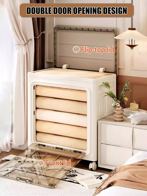 Sturdy Foldable Plastic Storage Bin With Secure Lid And Heavy Duty Rolling Wheels For Coats Blankets Everyday Duds And Hassle Free Home Gym Or Dorm Room Organization, showing double door design.
